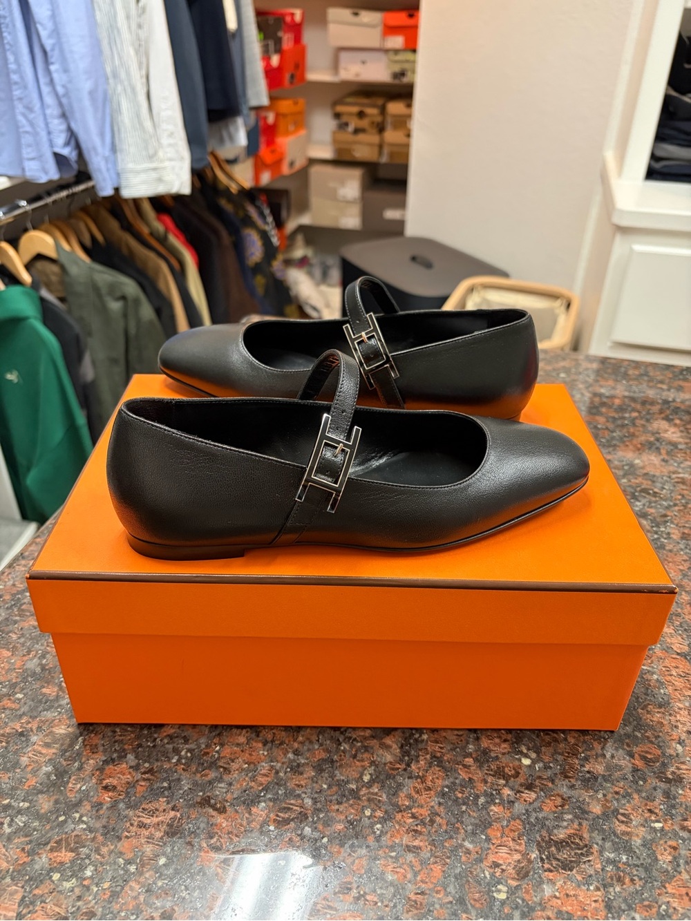 Hermes Jane Flats with Silver Buckle